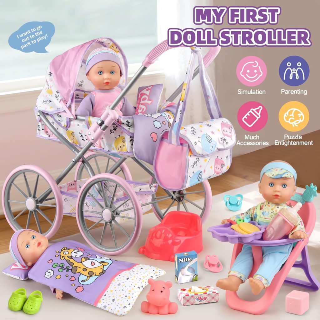 Baby Doll Stroller Playset for Girls Toddlers 3-5 4-6 5-7 Year Old to Play House Games. Stroller Toy with 12.5″ Baby Doll, Dining Chair, Quilt Pillow, 24 PCS Doll Accessories and 2 Sets Clothes.