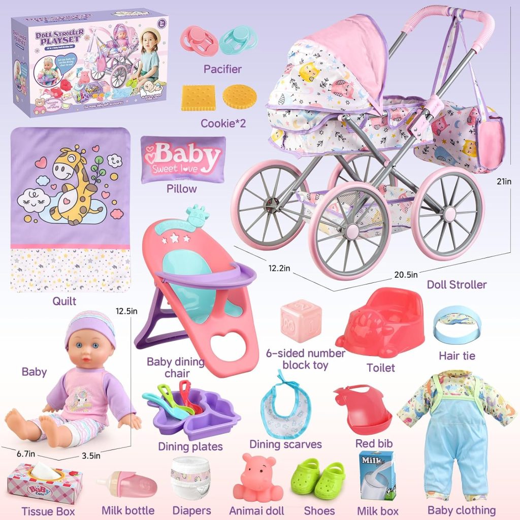 Baby Doll Stroller Playset for Girls Toddlers 3-5 4-6 5-7 Year Old to Play House Games. Stroller Toy with 12.5″ Baby Doll, Dining Chair, Quilt Pillow, 24 PCS Doll Accessories and 2 Sets Clothes.
