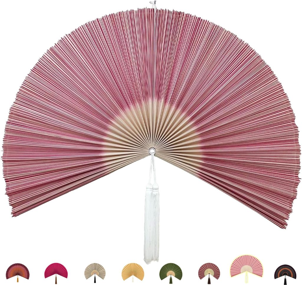 Bamboo Fan Wall Decor, Japanese Wall Fan, Red Pink 31 in