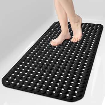 Bath Tub Shower Mat Non Slip, Bathtub Floor Liner Mats for Inside Shower Bathroom, Suction Cups and Drain Holes for Feet Scrubbing, Machine Washable, Soft on Feet, 35×16 Inch, Black