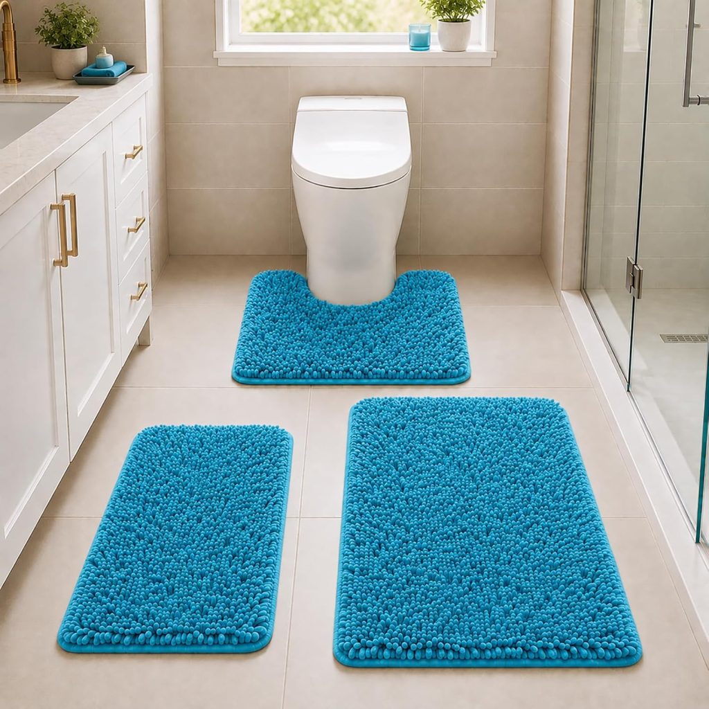 Bathroom Rugs Bath Mats for Batroom Chenillen Bath Rug Set 3 Piece Non-Slip Bath Mats, Absorbent Shaggy Rugs, Machine Wash, Perfect Plush Bathroom Mats, Bathroom Carpets Set Teal Blue