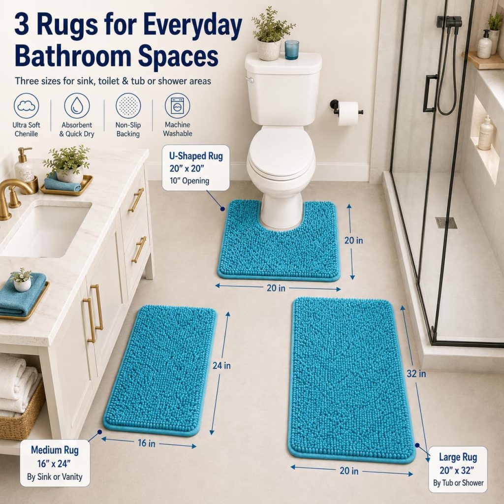 Bathroom Rugs Bath Mats for Batroom Chenillen Bath Rug Set 3 Piece Non-Slip Bath Mats, Absorbent Shaggy Rugs, Machine Wash, Perfect Plush Bathroom Mats, Bathroom Carpets Set Teal Blue