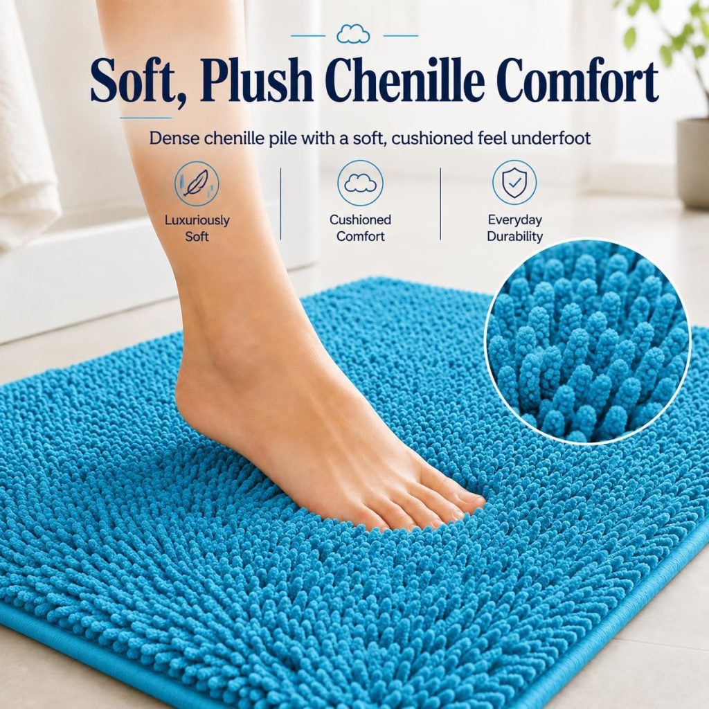 Bathroom Rugs Bath Mats for Batroom Chenillen Bath Rug Set 3 Piece Non-Slip Bath Mats, Absorbent Shaggy Rugs, Machine Wash, Perfect Plush Bathroom Mats, Bathroom Carpets Set Teal Blue