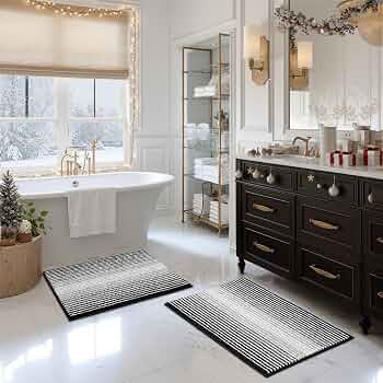 Bathroom Rugs Sets 2 Piece, Non Slip Striped Bath Mats, Black