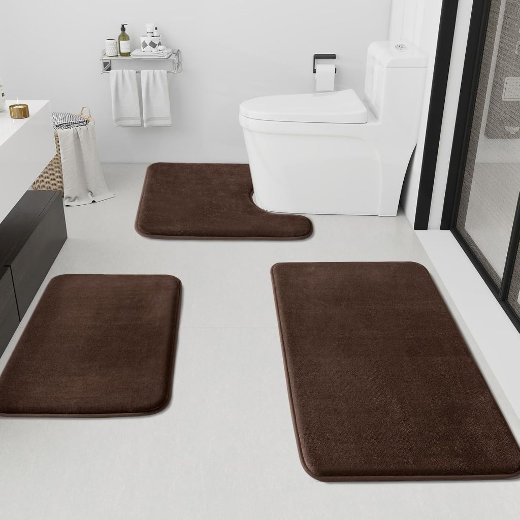 Bathroom Rugs Sets 3 Piece, Non-Slip & Quick Dry Bath Mat Set, Ultra Soft Velvet Bath Rugs for Bathroom, Toilet and Shower Floor, Brown