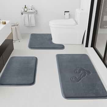Bathroom Rugs Sets 3 Piece, Non-Slip & Quick Dry Bath Mat Set, Ultra Soft Velvet Bath Rugs for Bathroom, Toilet and Shower Floor, Grey