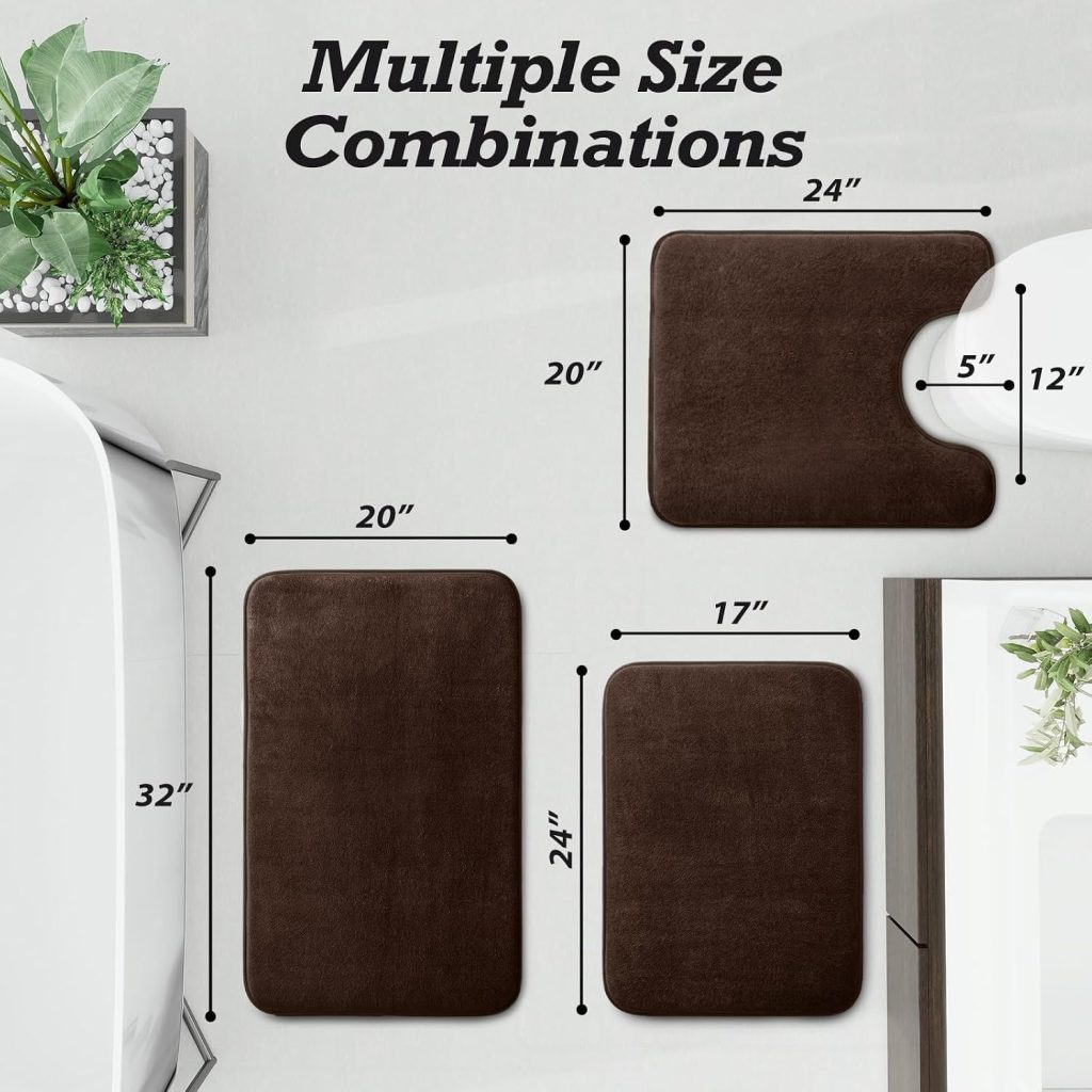 Bathroom Rugs Sets 3 Piece, Non-Slip & Quick Dry Bath Mat Set, Ultra Soft Velvet Bath Rugs for Bathroom, Toilet and Shower Floor, Brown