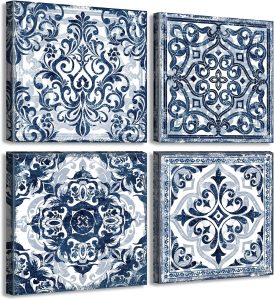 Bathroom Wall Decor Navy Blue Flower Paintings Canvas, 12″Wx12″Hx4 pcs