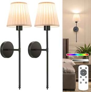 Battery Operated Wall Sconce Set of 2,Beige-Black Rechargeable Wall Lights with 10400mAh Dimmable Bulbs and Remote, 9 Colors Wireless Wall Lamps for Bedroom Living Room Hallway