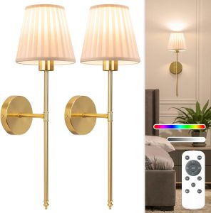 Battery Operated Wall Sconce Set of 2,Beige-Gold Rechargeable Wall Lights with 10400mAh Dimmable Bulbs and Remote, 9 Colors Wireless Wall Lamps for Bedroom Living Room Hallway
