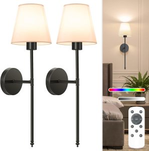 Battery Operated Wall Sconce Set of 2,Black Rechargeable Wall Lights with 10400mAh Dimmable Bulbs and Remote,10 Colors Wireless Wall Lamps for Bedroom Living Room Hallway Decor