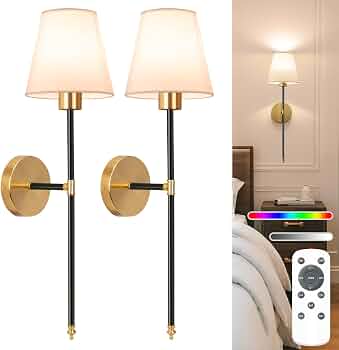 Battery Operated Wall Sconce Set of 2,Black-Gold Rechargeable Wall Lights with 10400mAh Dimmable Bulbs and Remote,10 Colors Wireless Wall Lamps for Bedroom Living Room Hallway Decor