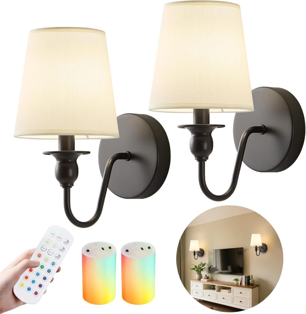 Battery Operated Wall Sconce Set of 2,Rechargeable Wall Sconce with 10000mAh Dimmable Bulb and Remote,LED 15 Colors Black Wireless Battery Powered Wall Lamp with Fabric for Bedroom Living Room