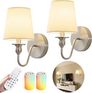 Battery Operated Wall Sconces set of Two,Rechargeable Wall Sconce with 1000mAh Dimmable Bulb and Remote,LED 15 Colors Wireless Battery Powered Wall Sconce with Fabric for Bedroom Living Room (Nickel)