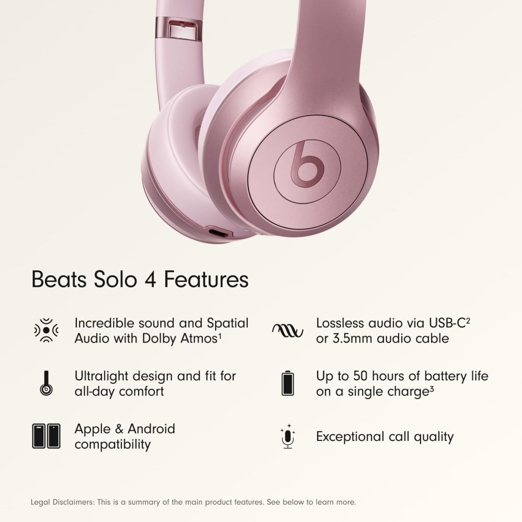Beats Solo 4 – Wireless On-Ear Bluetooth Headphones, Up to 50-Hour Battery Life, Ultra-Lightweight Comfort, Powerful and Balanced Sound, Apple & Android Compatible – Amazon Exclusive Metallic Pink