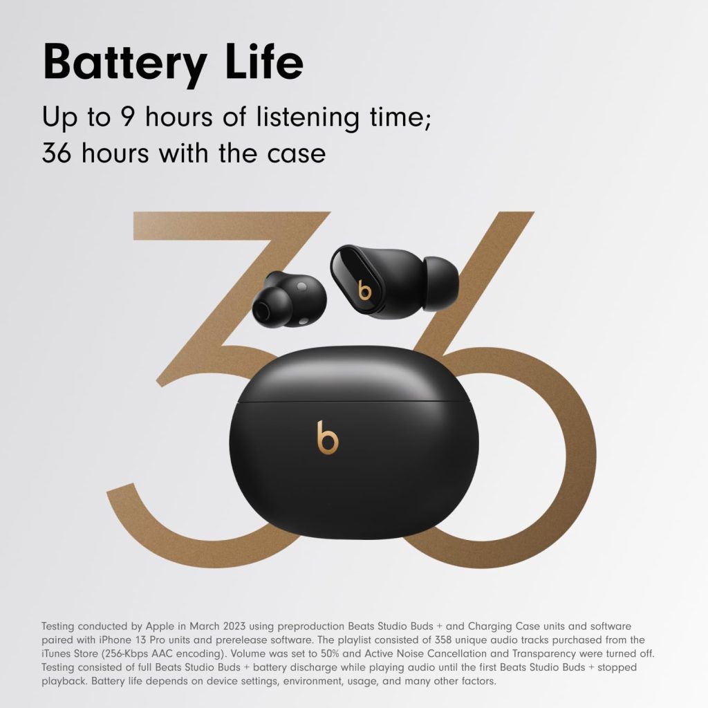 Beats Studio Buds + | True Wireless Noise Cancelling Earbuds, Enhanced Apple & Android Compatibility, Built-in Microphone, Sweat Resistant Bluetooth Headphones, Spatial Audio – Black/Gold