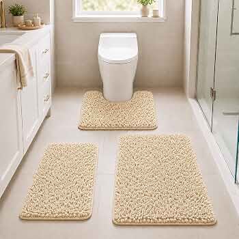 Beige Bathroom Rugs Ultra Soft Rugs and Mats Set 3 Pieces Bath Rug Set Thick Chenille Bath Rugs Non Slip Bath Mats for Bedroom
