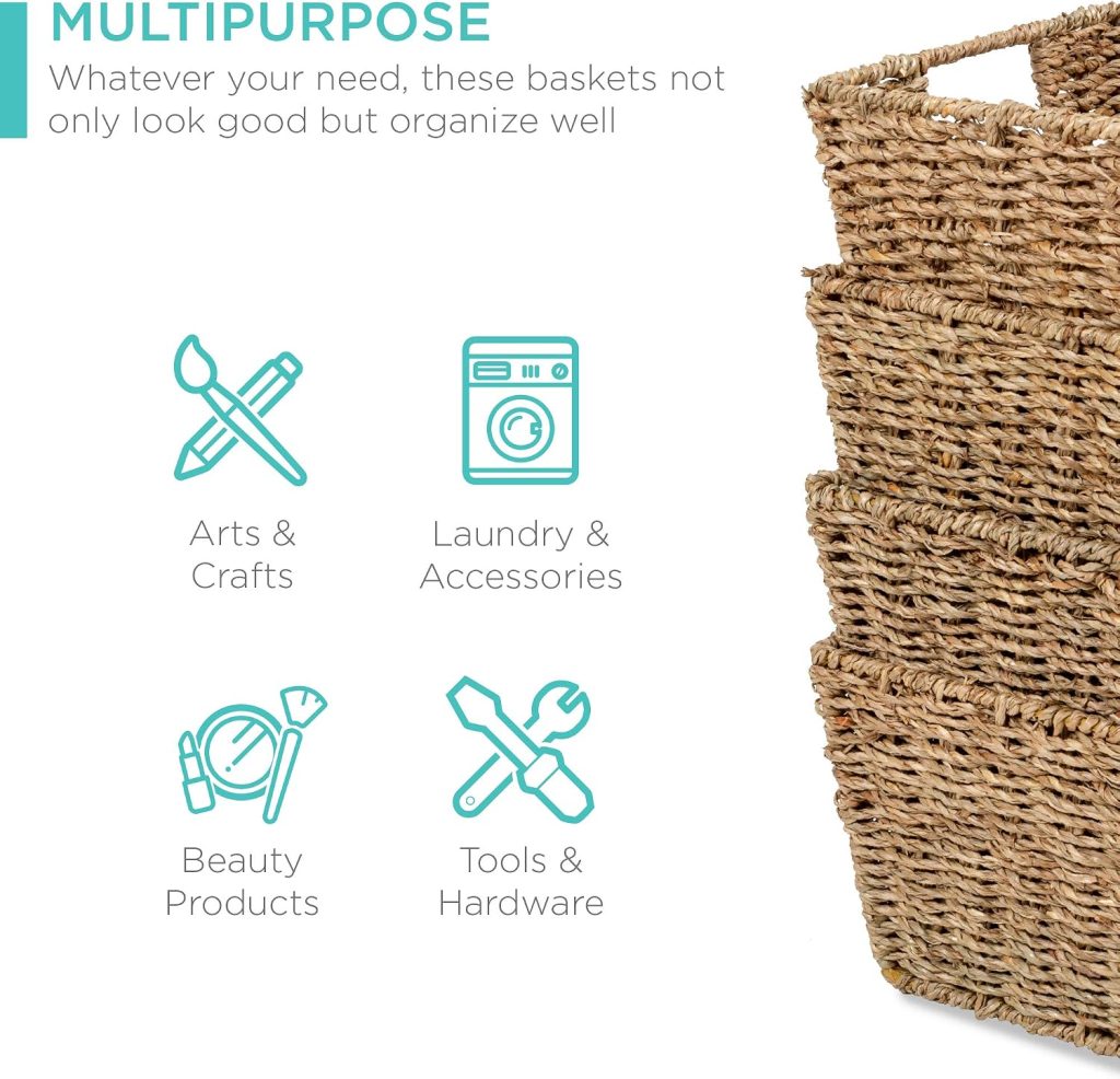 Best Choice Products Rustic Set Of 4 Multipurpose Stackable Seagrass Storage Basket, Handwoven Laundry Organizer Totes for Bedroom and Living Room, Shelves, Pantry w/Insert Handles – Natural