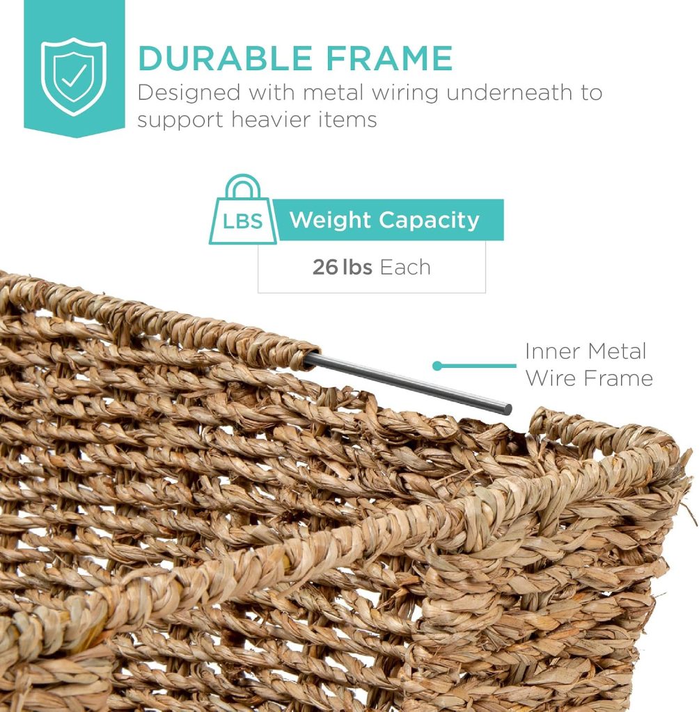 Best Choice Products Rustic Set Of 4 Multipurpose Stackable Seagrass Storage Basket, Handwoven Laundry Organizer Totes for Bedroom and Living Room, Shelves, Pantry w/Insert Handles – Natural