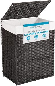 BIRDROCK HOME Single Laundry Hamper with Lid – Brown – Liner Bag – Hand Woven – Small Collapsible Hampers – Foldable Bin – Synthetic PE Rattan – Hand Woven – Clothes Basket