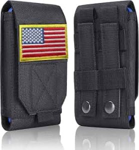 Black Tactical Molle Cellphone Pouch Case,Heavy Duty Waterproof Phone Holster Bag for iPhone 11 12 13 Pro Max for Samsung S22 S21 S20 FE Note 20 A13 A12 A02S Less 6.7″ Phone with US Flag Patch