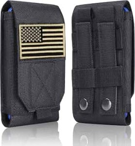 Black Tactical Molle Cellphone Pouch Case,Heavy Duty Waterproof Phone Holster Bag for iPhone 11 12 13 Pro Max for Samsung S22 S21 S20 FE Note 20 A13 A12A02S Less 6.7″ Phone with US Flag Patch