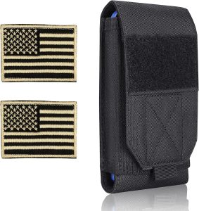 Black Tactical Molle Cellphone Pouch Case,Heavy Duty Waterproof Phone Holster Bag for iPhone 11 12 13 Pro Max for Samsung S22 S21 S20 FE Note 20 A02S Less 6.7″ Phone with 2 Pack US Flag Patch