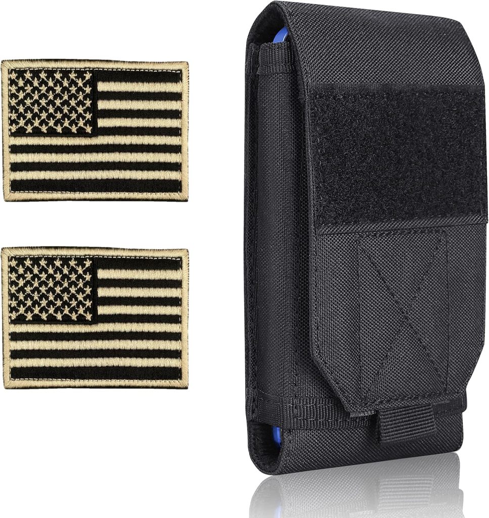 Black Tactical Molle Cellphone Pouch Case,Heavy Duty Waterproof Phone Holster Bag for iPhone 11 12 13 Pro Max for Samsung S22 S21 S20 FE Note 20 A02S Less 6.7″ Phone with 2 Pack US Flag Patch