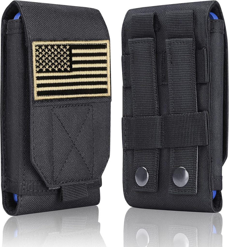 Black Tactical Molle Cellphone Pouch Case,Heavy Duty Waterproof Phone Holster Bag for iPhone 11 12 13 Pro Max for Samsung S22 S21 S20 FE Note 20 A02S Less 6.7″ Phone with 2 Pack US Flag Patch