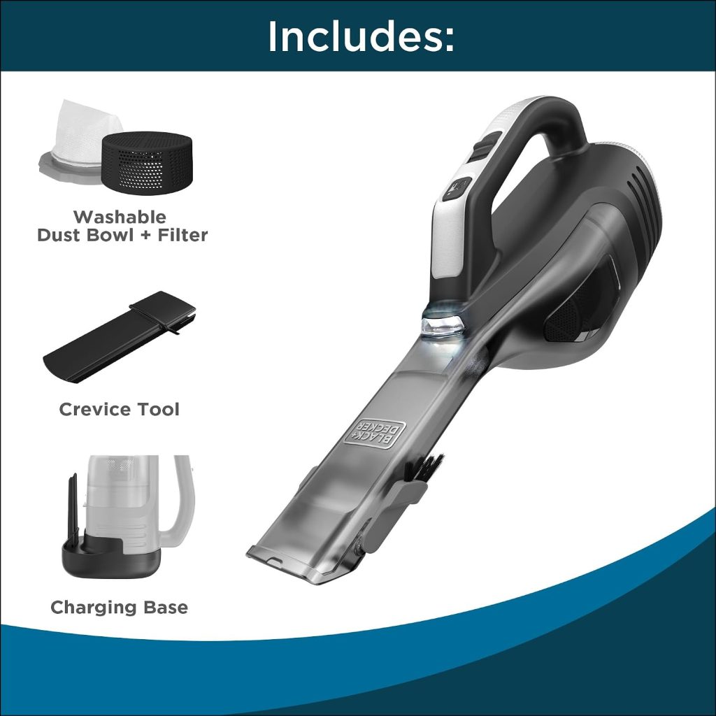 BLACK+DECKER Dustbuster Reveal Handheld Vacuum Cordless, Car Vacuum Portable Cordless, LED Light, Long Run Time, Rechargeable Lightweight Dust Buster, Includes Crevice Tool, Charging Base (HLVD320B42)