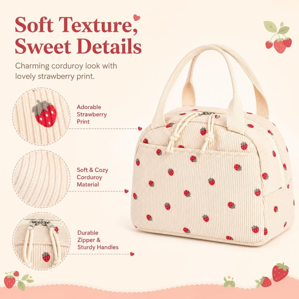 Bluboon Lunch Bag for Women Men Cute Corduroy Lunch Tote Bags Reusable Insulated Lunch Box Large Capacity Reusable Insulated Cooler for School Work or Travel