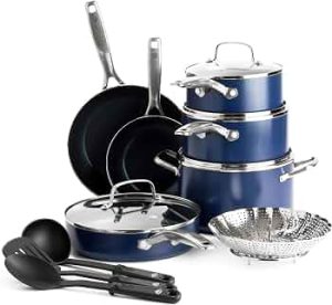 Blue Diamond 14 Piece Cookware Set, Diamond Infused PFAS & PFOA-Free Ceramic Nonstick Pots and Pans, Durable, Non Toxic, Metal Utensil Safe & Scratch Resistant, Dishwasher & Oven Safe, Blue
