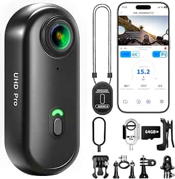 Body Camera 4K, Vlogging POV Cameras Stabilization, Small Video Cam WiFi for Photography, Mini Bodycam , Pocket Camera, Sports Action Cam, Portable Wireless Action Camera (Dark Black, 64, GB)