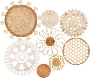 Boho Wall Basket Decor Set of 8 – Flat Woven Basket Wall Hanging Decor,Round Tassels White Macrame Tapestry Wall Decor Art,Handmade Rattan Wicker Seagrass Home Wall Baskets Decor（Boho Classic)
