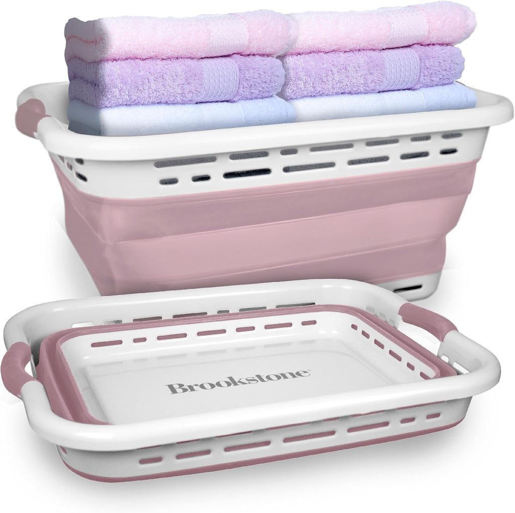 BROOKSTONE 11 GALLON XL 24″ Collapsible Laundry Basket & Clothes Hamper, Comfort Non-Slip Handles, Modern Laundry Hamper with Space Saving Design, Portable Pop-Up Hamper, BPA FREE, Blush Pink, 1 Pack