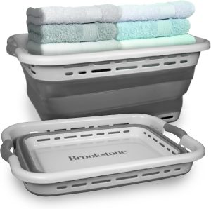 BROOKSTONE 11 GALLON XL 24″ Collapsible Laundry Basket & Clothes Hamper, Comfort Non-Slip Handles, Modern Laundry Hamper with Space Saving Design, Portable Pop-Up Hamper, BPA FREE, Light Grey, 1 Pack