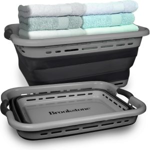 BROOKSTONE 11 GALLON XL 24″ Collapsible Laundry Basket & Clothes Hamper, Comfort Non-Slip Handles, Modern Laundry Hamper with Space Saving Design, Portable Pop-Up Hamper, BPA FREE, Grey, 1 Pack