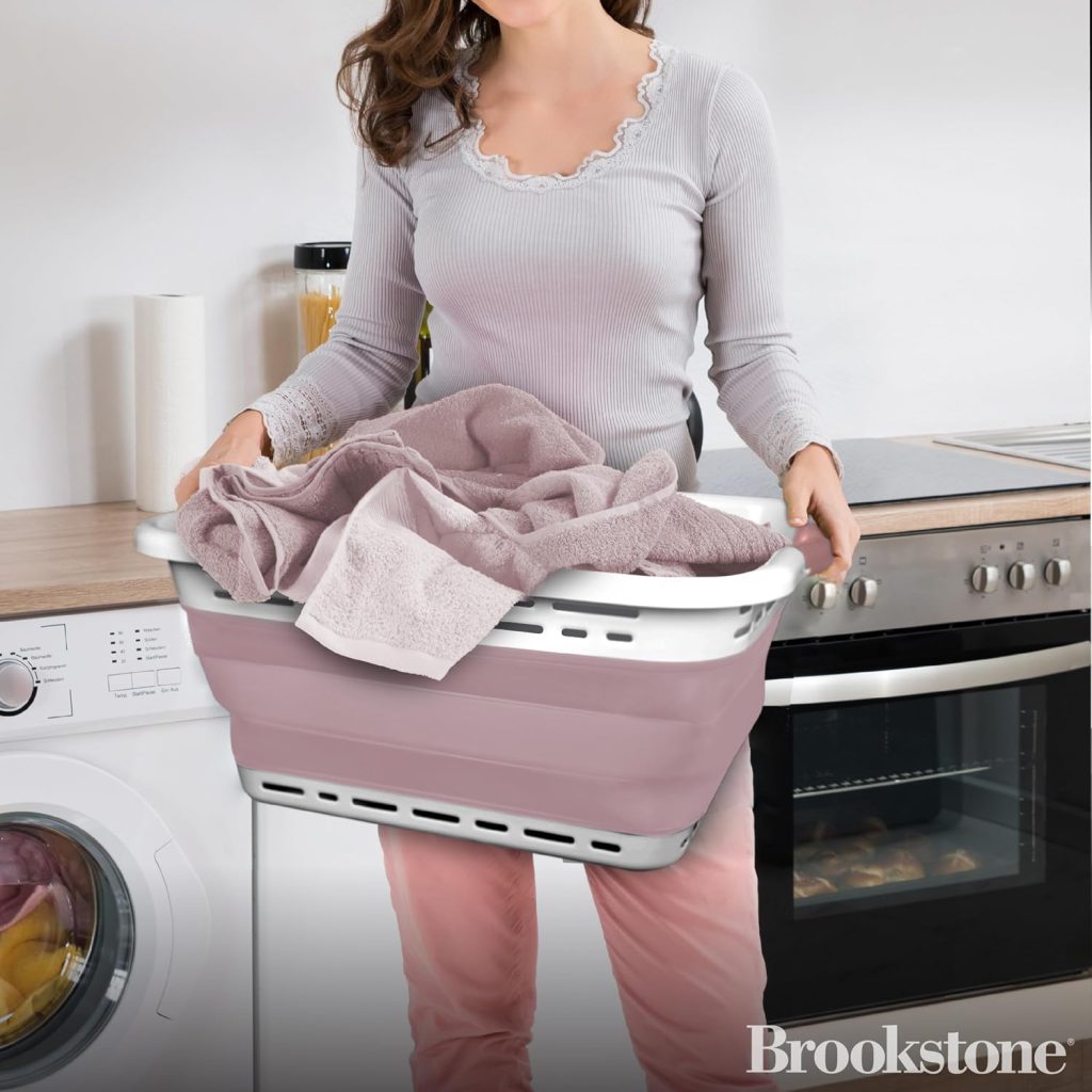 BROOKSTONE 11 GALLON XL 24″ Collapsible Laundry Basket & Clothes Hamper, Comfort Non-Slip Handles, Modern Laundry Hamper with Space Saving Design, Portable Pop-Up Hamper, BPA FREE, Blush Pink, 1 Pack