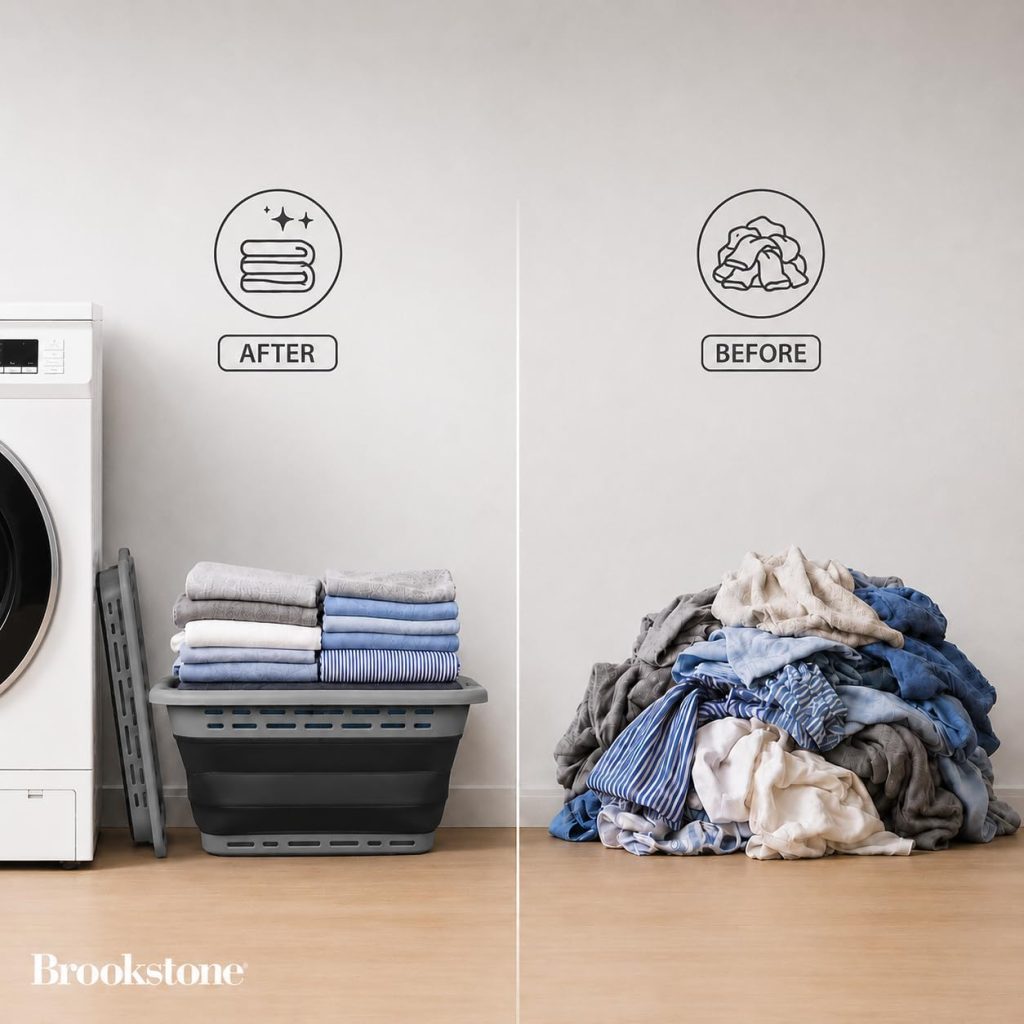 BROOKSTONE 11 GALLON XL 24″ Collapsible Laundry Basket & Clothes Hamper, Comfort Non-Slip Handles, Modern Laundry Hamper with Space Saving Design, Portable Pop-Up Hamper, BPA FREE, Grey, 1 Pack