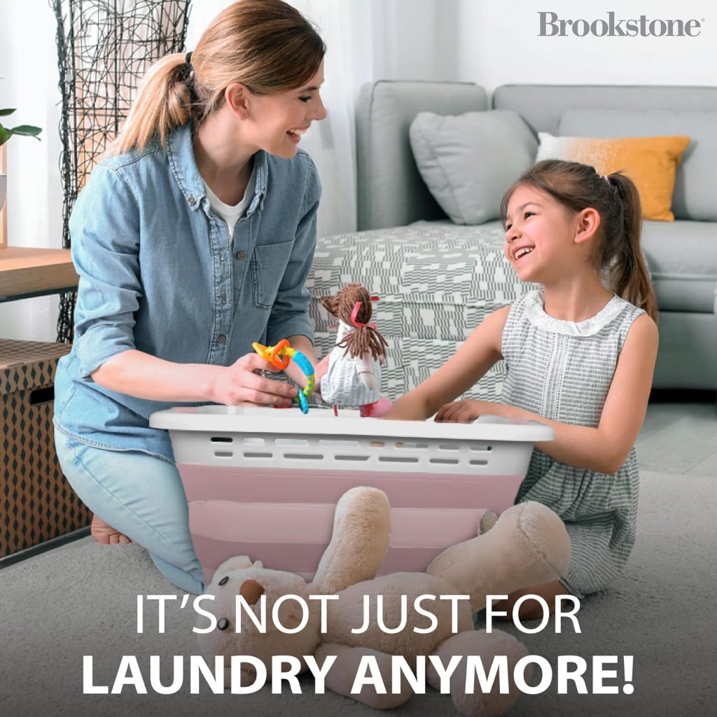 BROOKSTONE 11 GALLON XL 24″ Collapsible Laundry Basket & Clothes Hamper, Comfort Non-Slip Handles, Modern Laundry Hamper with Space Saving Design, Portable Pop-Up Hamper, BPA FREE, Blush Pink, 1 Pack