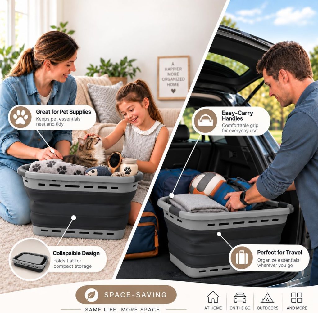 BROOKSTONE 11 GALLON XL 24″ Collapsible Laundry Basket & Clothes Hamper, Comfort Non-Slip Handles, Modern Laundry Hamper with Space Saving Design, Portable Pop-Up Hamper, BPA FREE, Grey, 1 Pack
