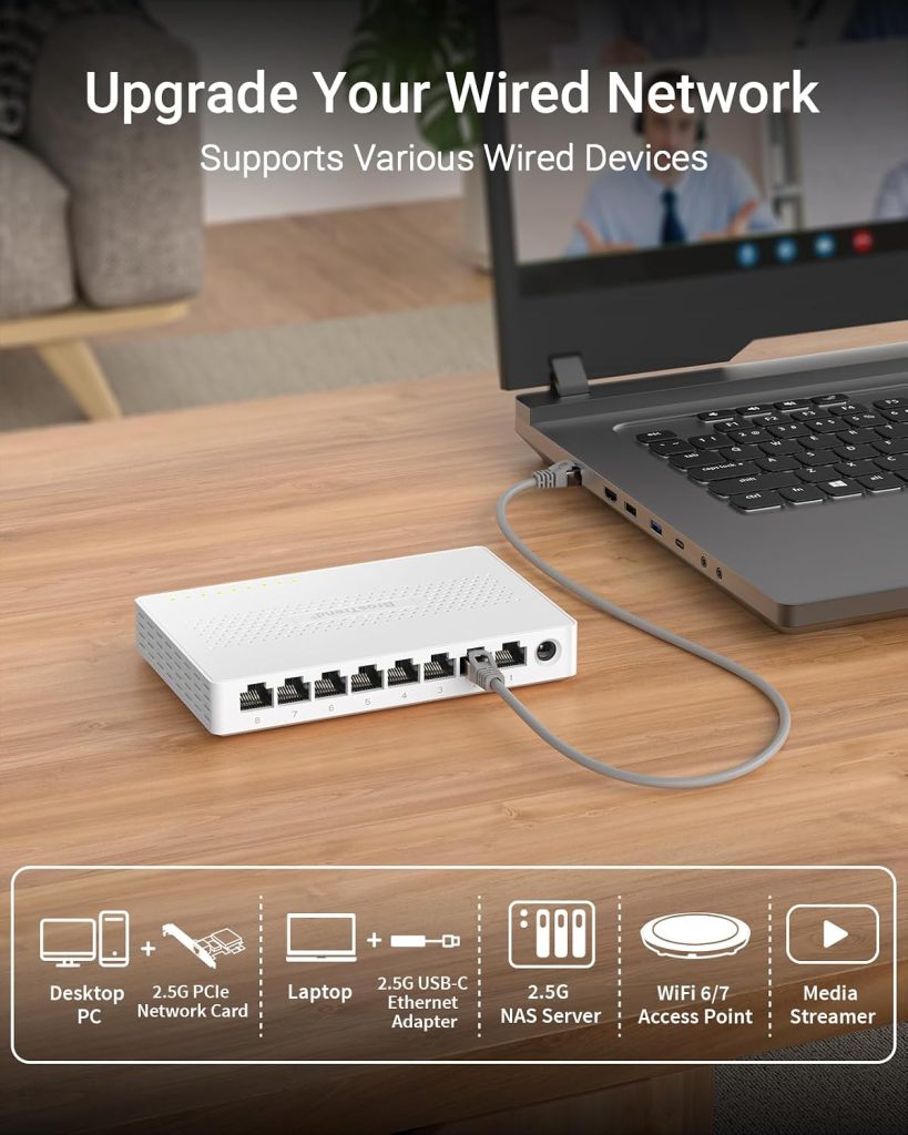 BrosTrend 2.5Gb Switch, 8 Port Unmanaged Network Switch for Gaming, Fanless
