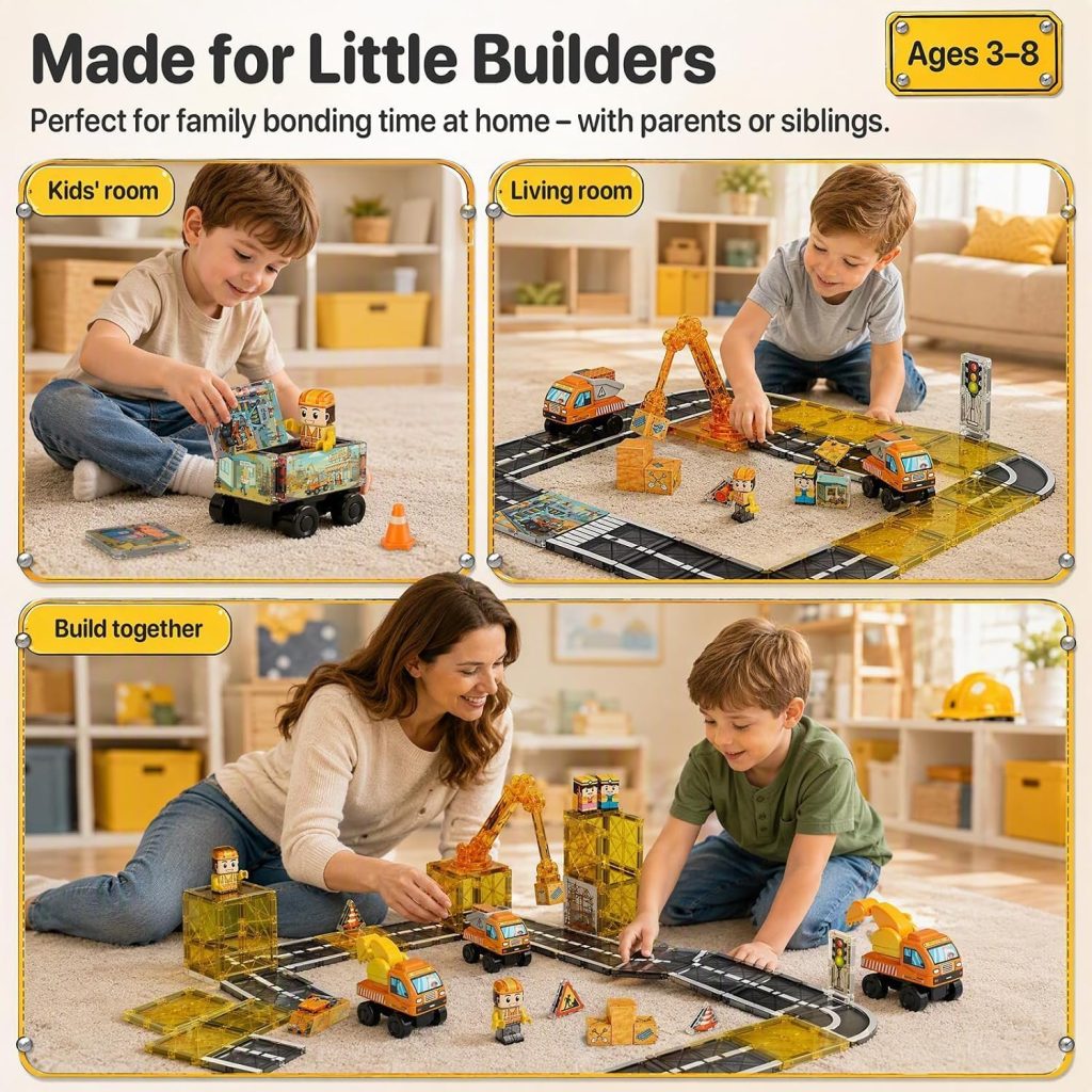 burgkidz Magnetic Tiles Construction Road Set: Crane & Detachable Vehicles