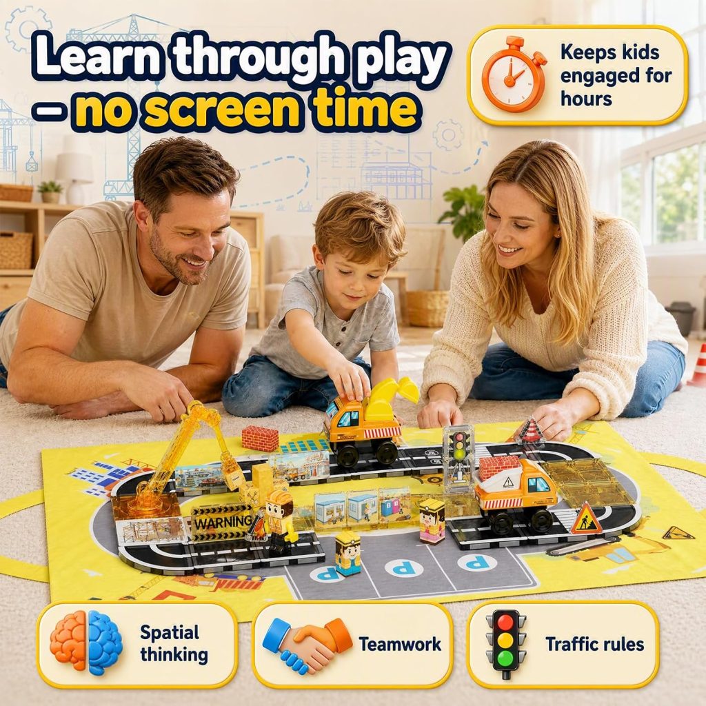 burgkidz Magnetic Tiles Construction Road Set: Crane & Detachable Vehicles
