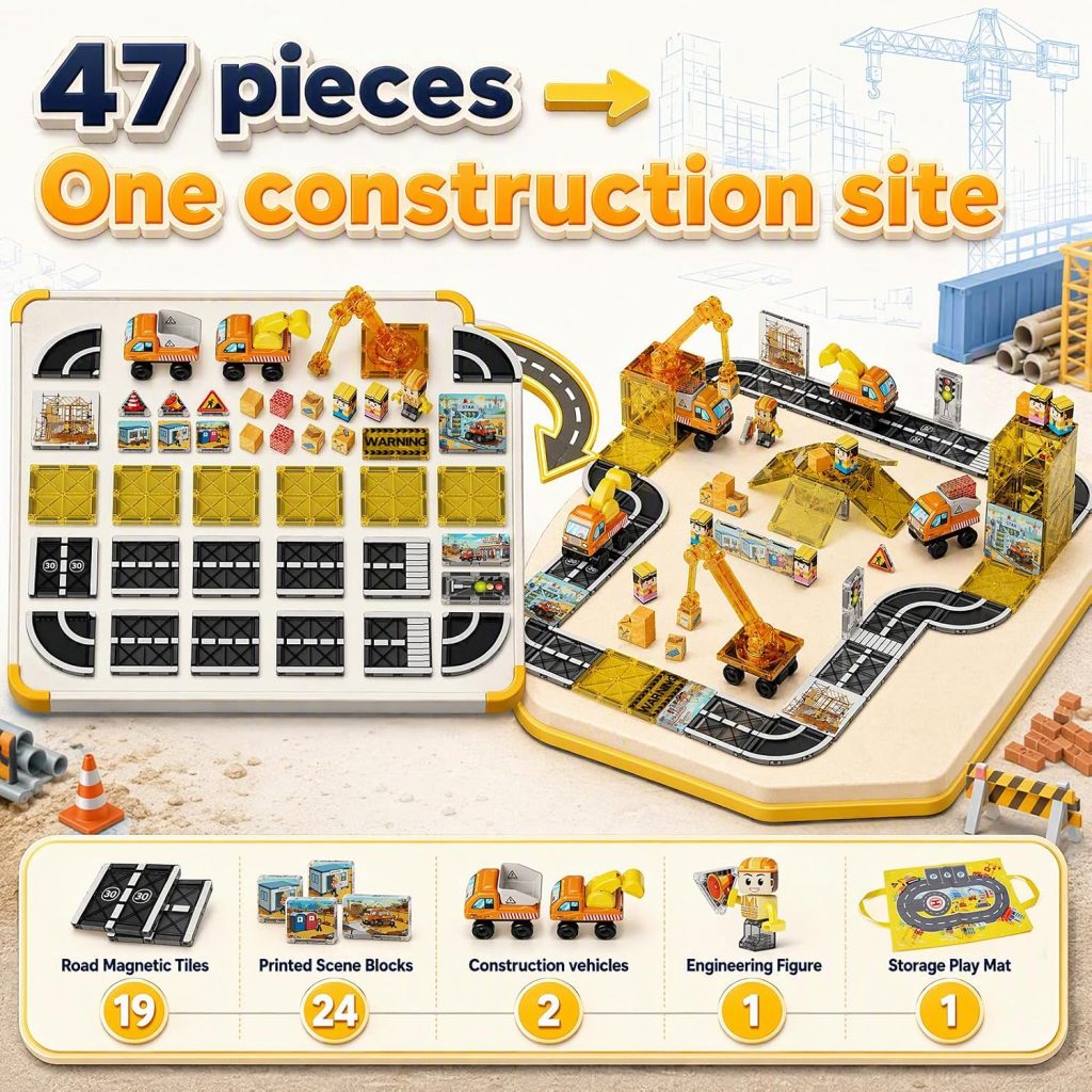 burgkidz Magnetic Tiles Construction Road Set: Crane & Detachable Vehicles