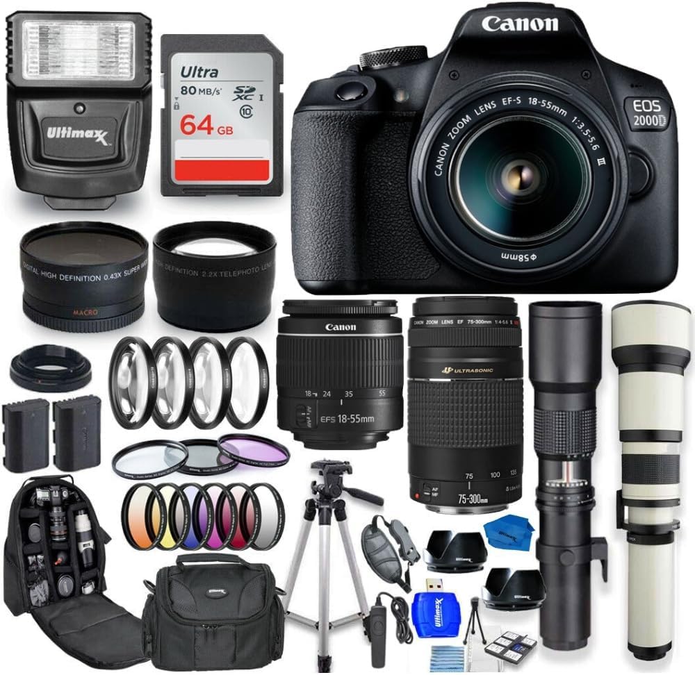 Canon EOS 2000D Rebel T7 with 18-55mm + 75-300mm + 500mm + 650-1300mm Bundle Includes: 64GB Ultra Memory Card, Filter Set, Tripod, Case, Wideangle Lenses & Much More (22pc Accessory Bundle) (Renewed)
