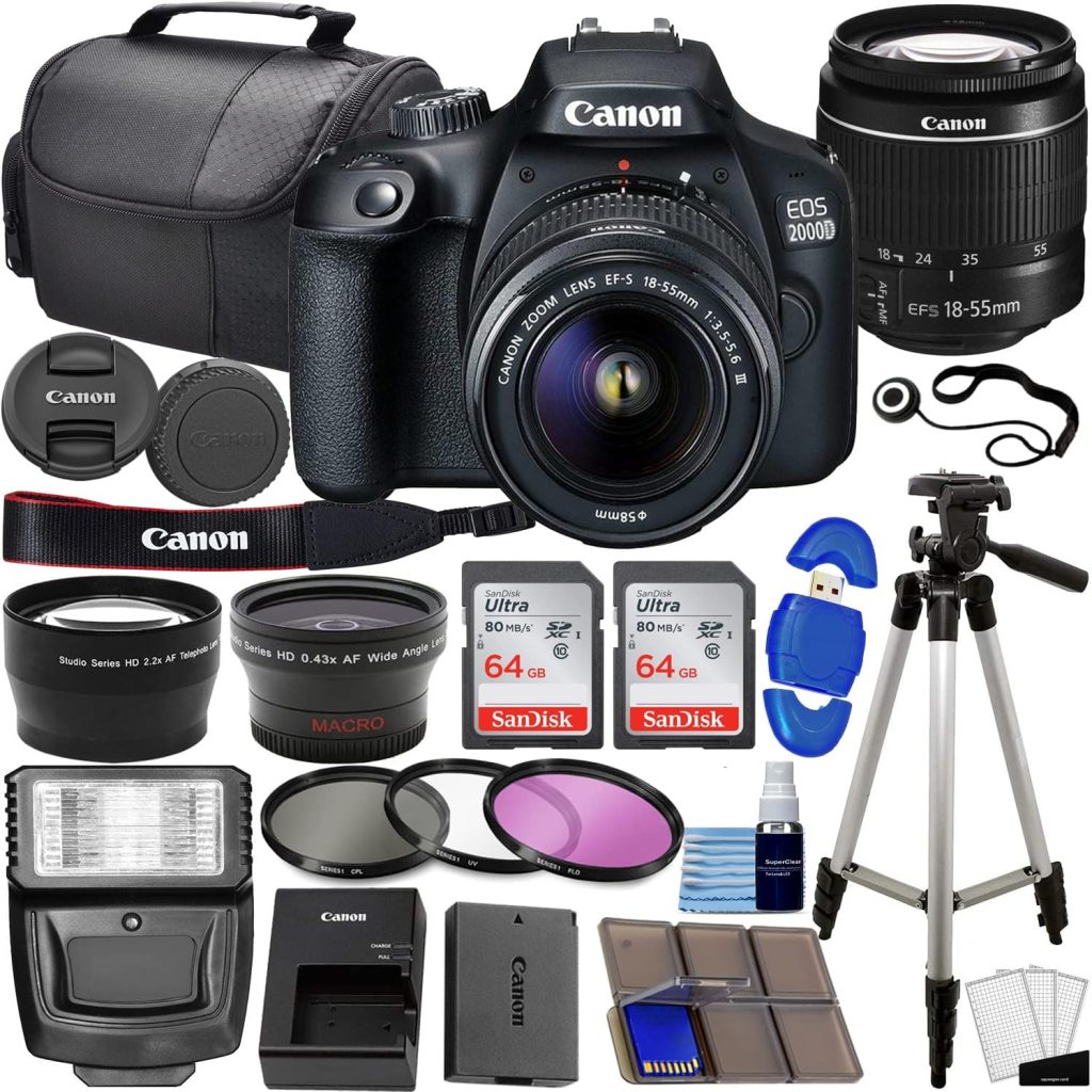 Canon EOS 2000D / Rebel T7 DSLR Camera w/EF-S 18-55mm f/3.5-5.6 Lens 3 Lens Kit: 128GB Memory + Wide Angle + Telephoto + Flash (Renewed)