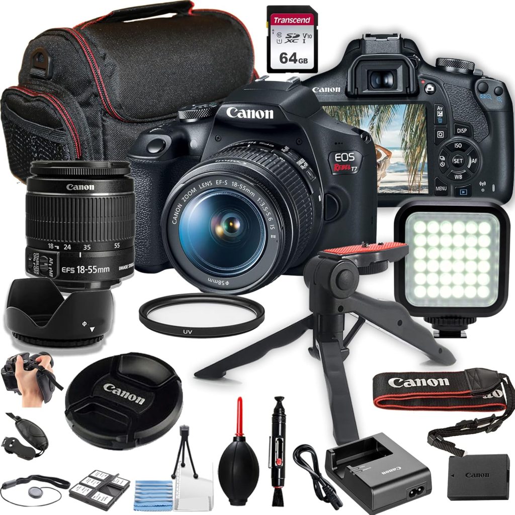 Canon EOS Rebel T7 DSLR Camera Bundle – EF-S 18-55mm Lens, 64GB Memory Card, LED Video Light, Tripod, Camera Case & Accessories Kit (Renewed)