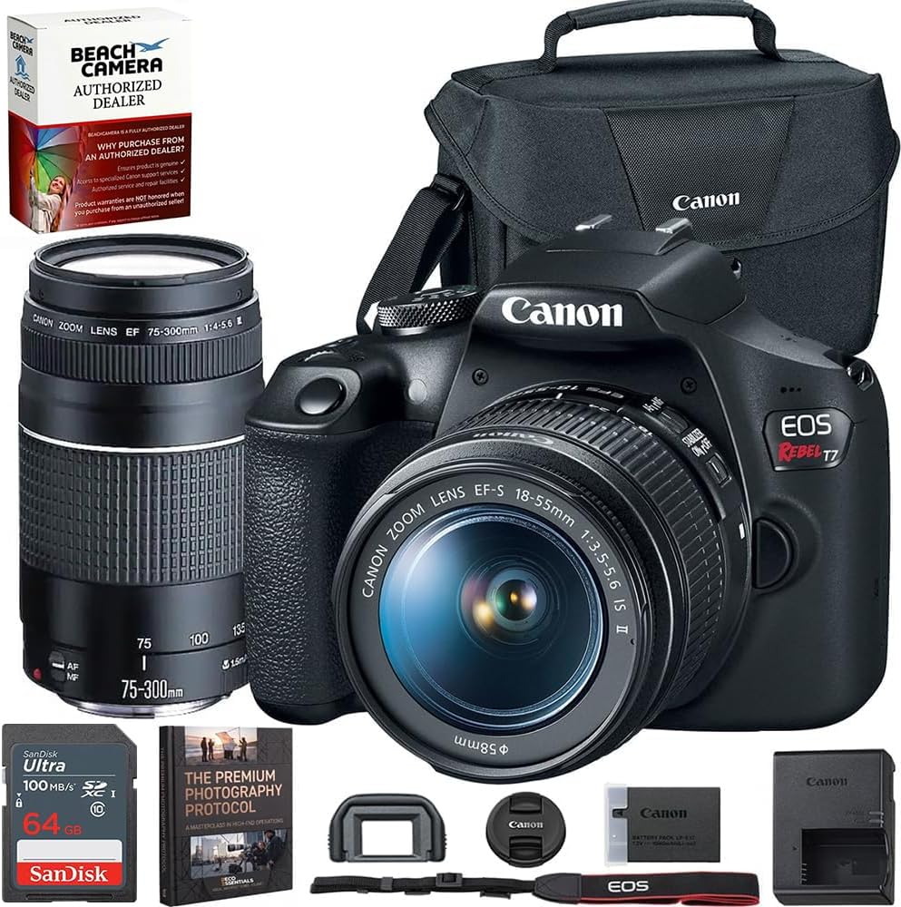 Canon EOS Rebel T7 DSLR Camera with EF18-55mm + EF 75-300mm Double Zoom Kit 2727C021 Bundle with Sandisk 64GB Memory Card, Deco Essentials Camera Bag and Photography Digital Guidebook Ebook