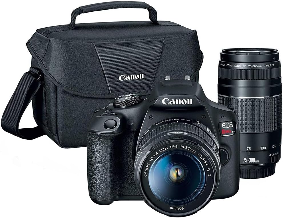 Canon EOS Rebel T7 DSLR Camera with EF18-55mm + EF 75-300mm Double Zoom Kit 2727C021 Bundle with 64GB Memory Card, Deco Photo Camera Bag, Deco Essentials Camera Bag and Photography Guidebook